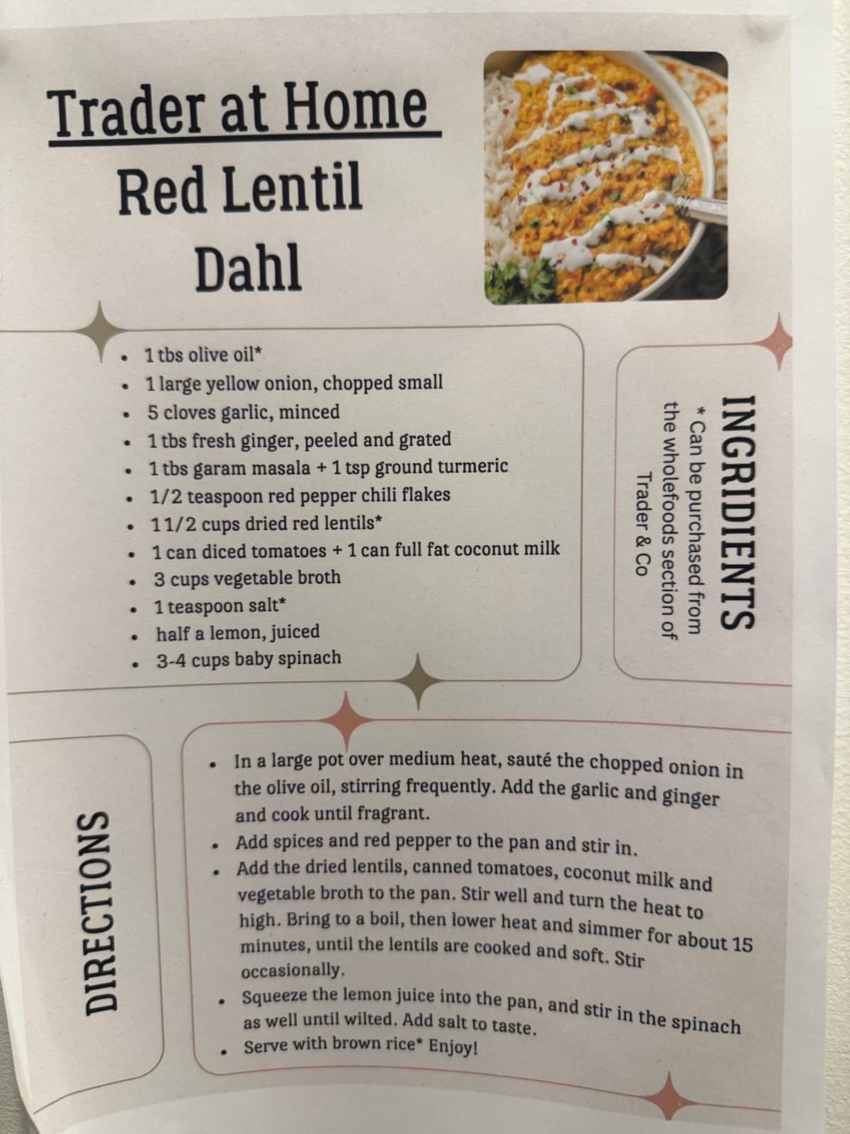 Red Lentil Dahl recipe card